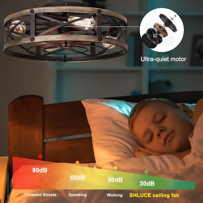 SHLUCE 19" Farmhouse Flush Mount Caged Ceiling Fans with Lights, Fandelier Rustic Low Profile Ceiling Fan with Light and Remote, Small Bladeless Ceiling Fans with Lights for Kitchen, Bedroom - ETL