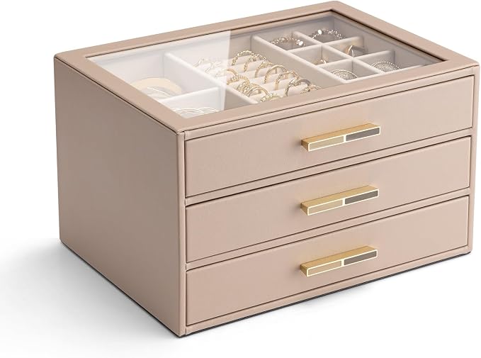 VLANDO 3-Drawer Jewelry Box with Glass Lid, Faux Leather Organizer for Rings Earrings Necklaces and More, Gift-Ready Jewelry Case for Women Girls or Moms, Latte
