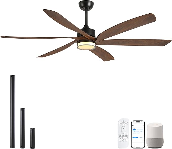 64 inch Smart Outdoor Ceiling Fan with Light for Patio, 6 Blades 8282 CFM Large Airflow, Alexa/APP/Remote Control, ETL Listed Quiet Reversible DC Motor, for Indoor Covered Gazebo Farmhouse, Brown