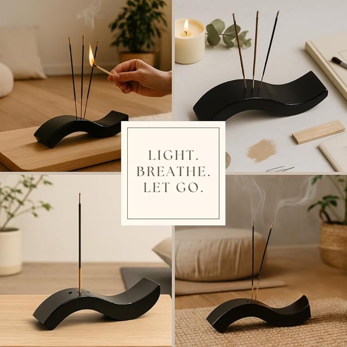 Handcrafted Mango Wood Incense Holder, 8-Inch Curved Stick Stand in Dark Gloss Finish, Modern Mandir, Meditation, Yoga & Spa Décor Tray, Elegant Wooden Aromatherapy Accessory