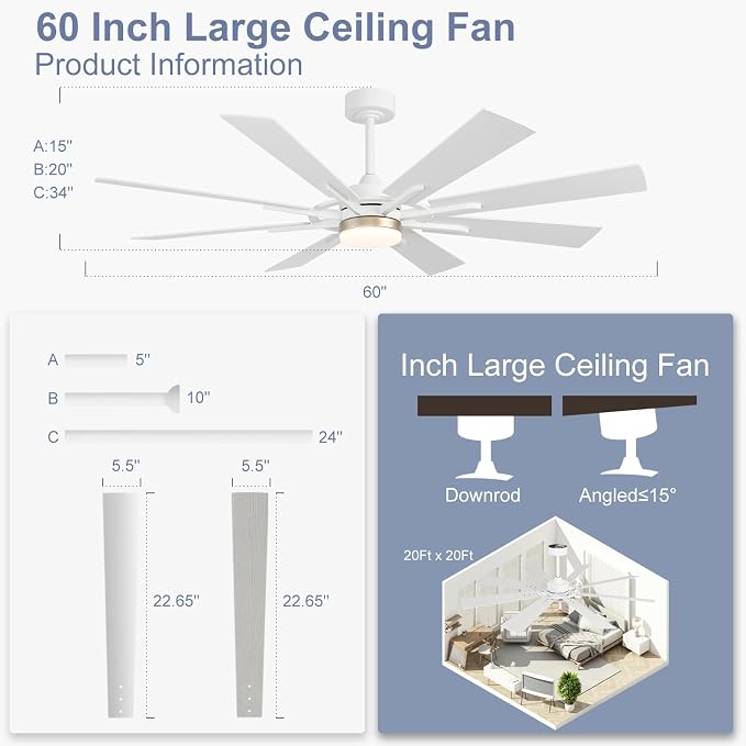 60 Inch Smart Ceiling Fan, White Indoor/Outdoor Ceiling Fans with Lights and Remote, Compatible with Alexa/Google/App, 3CCT Dimmable 6 Speeds Timing for Living Room Bedroom Patio