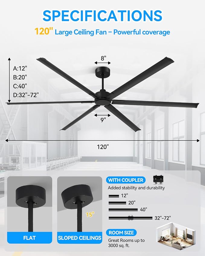 [Heavy Duty] 120 Inch Industrial Ceiling Fan, Big Assed Fan, HVLS Extra Large Commercial Ceiling Fan with Aluminum Blades, Remote Control, Powerful Reversible DC Motor for Warehouse, Shop, Garage