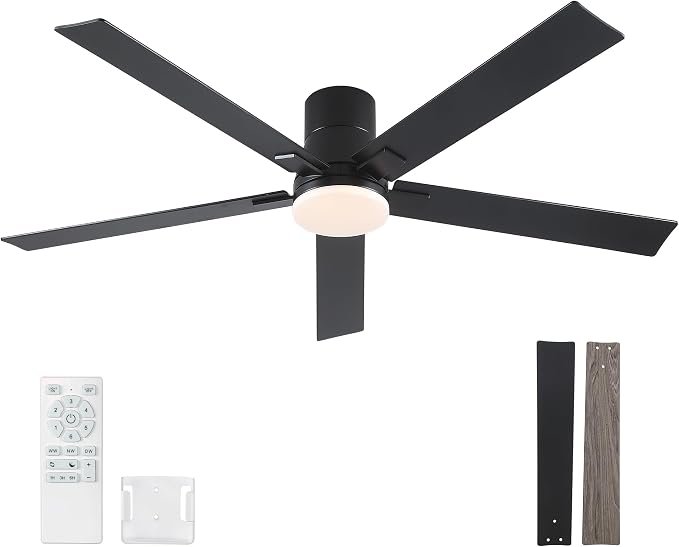Rayqueen 60 Inch Flush Mount Black Ceiling Fans with Lights and Remote | 6 Speed Reversible DC motor,3-color temperature dimmable LED.For indoor/covered outdoor.Modern style for bedroom room