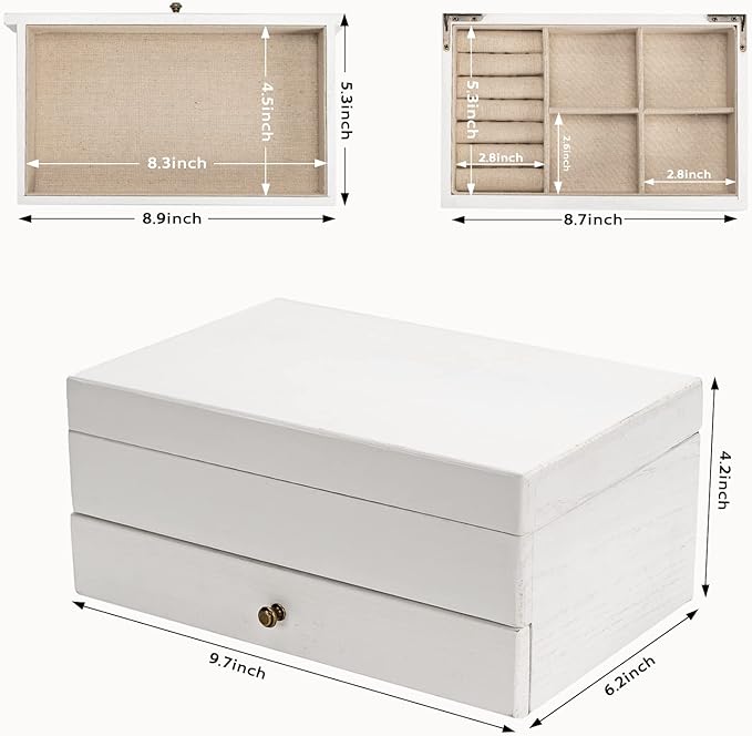 Meangood Jewelry Box Organizer for Women, 2 Layer Large Jewelry Storage Case, Rustic Wooden Jewelry Box with Mirror & Ring Tray for Necklace Earring Bracelets Rings, Vintage Style (White)