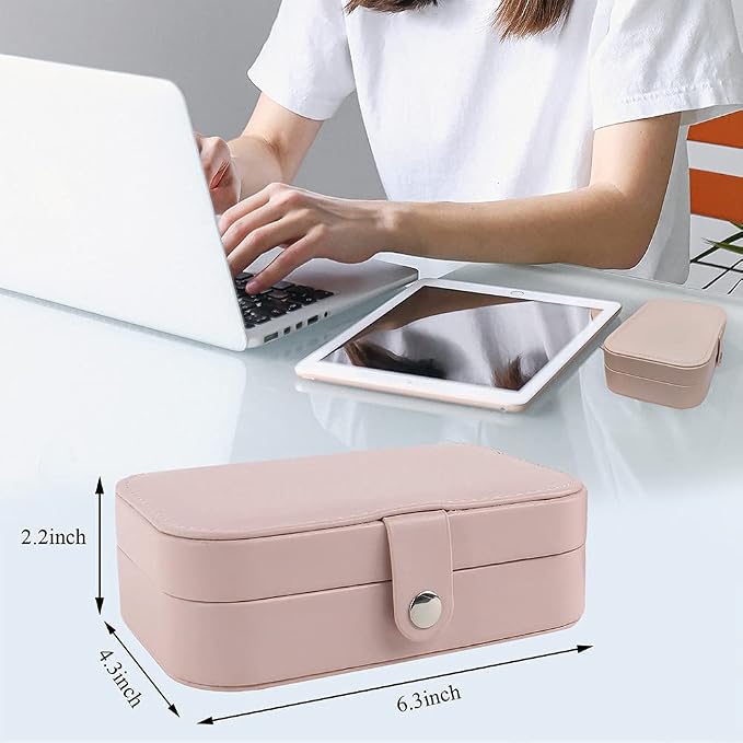 Hatori Travel Jewelry Box, PU Leather Small Jewelry Organizer for Women Girls, Double Layer Portable Mini Travel Case Display Storage Holder Boxes for Stud Earrings, Rings (Pink)