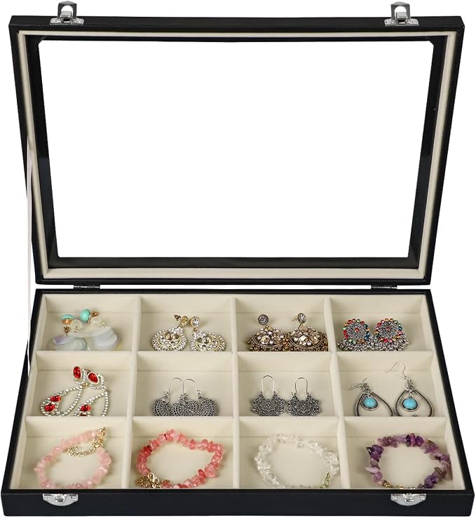 Stratalife 12 Grid Bracelet Jewelry Box, Bangle Holder Organizer with Lid | PU Leather Storage Box for Earring, Ring, Studs and Trinkets, Soft Velvet Drawer Organizer for Women, Dustproof, Beige Black