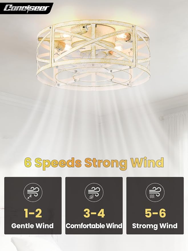 Conciseer 20 Inch Caged Ceiling Fans with Lights and Remote, Flush Mount, Low Profile 7 Blades, 6 Speed Reversible Quiet DC Motor for Bedroom, Kitchen and Living Room, White/Gold Brushed