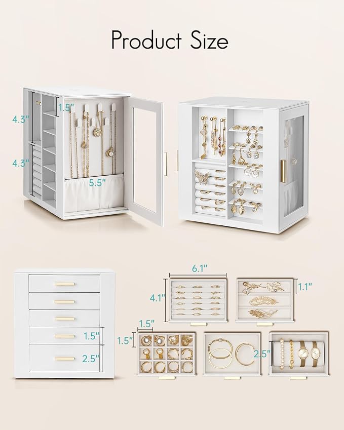 VLANDO 360° Rotating Jewelry Box with 5 Drawers, Large Jewelry Storage with 2 Glass Window, PU Leather Jewelry Organizer for Bracelets, Necklaces, Earrings, Rings - White