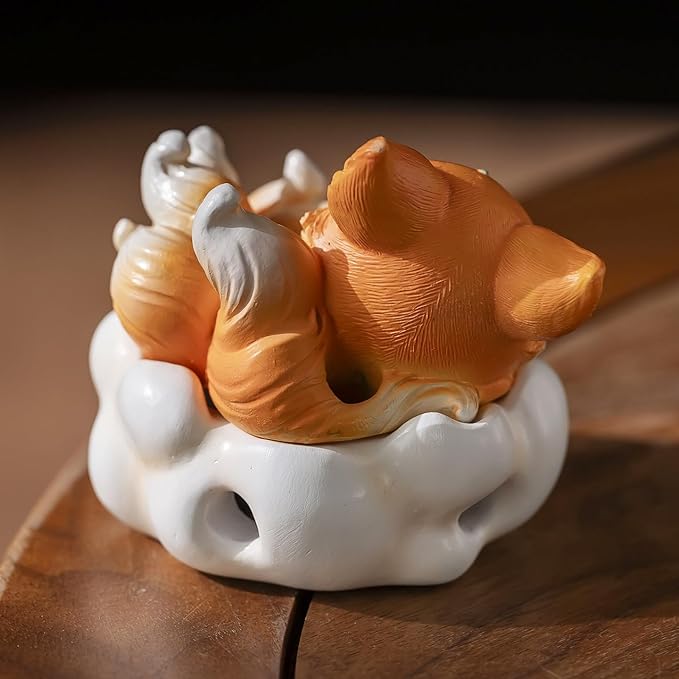 Cute Nine-Tailed Fox Decorative Incense Holder, Resin Sleeping Fox Figurine Cone Coil Incense Burner with Lid, Ash Catcher for Yoga Meditation Spa Home Office Aromatherapy Decor (Orange)