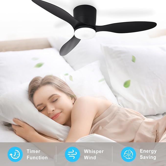 Depuley Flush Mount Ceiling Fan: 42-Inch Black Ceiling Fans with Lights for Bedroom Indoor Outdoor - Low Profile Ceiling Fans with Remote Control 24W 3CCT Dimmable 3 Reversible Black Blades 6 Speeds