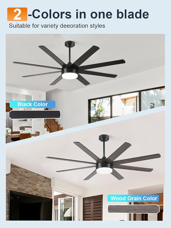 YUHAO 62 Inch Black Ceiling Fan with Light and Remote Control.Noiseless,Dimmable,3CCT,6 Speeds Reversible, DC Ceiling Fans for Indoor or Covered Outdoor Use.ETL Listed