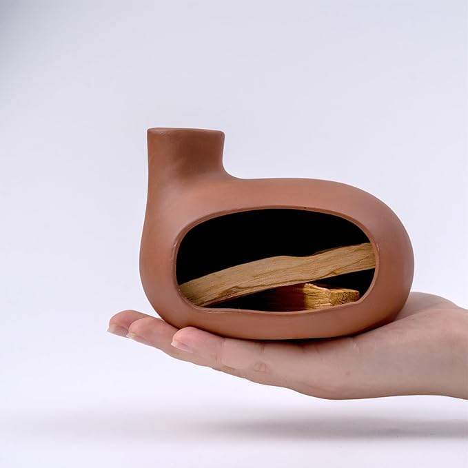 MOUGIGI Terracotta Palo Santo Holder - Modern Chiminea Incense Burner for Yoga, Meditation, and Energy Cleansing - Wood Sticks Dish, Sage Ash Catcher, Smudge Bowl, Cone Burner - Unique Meditation Gift