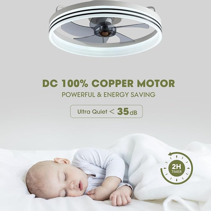 LUDOMIDE Ceiling Fans with Lights, Flush Mount Ceiling Fan with Lights and Remote, 6 Wind Speeds Smart Low Profile Ceiling Fan for Bedroom, Dining Room and Kitchen 20" (White)