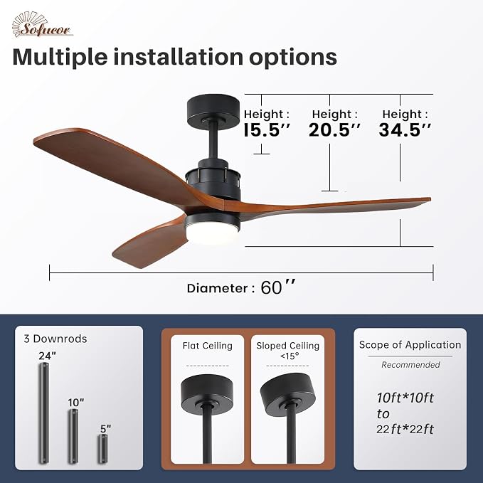 Sofucor Ceiling Fans With Lights, 60 Inch Solid Wood Ceiling Fan With Light Remote Control, Indoor/Outdoor Ceiling Fan with Reversible DC Motor, 6 Speed, 3 Blade Modern Ceiling Fans for Bedroom Patio