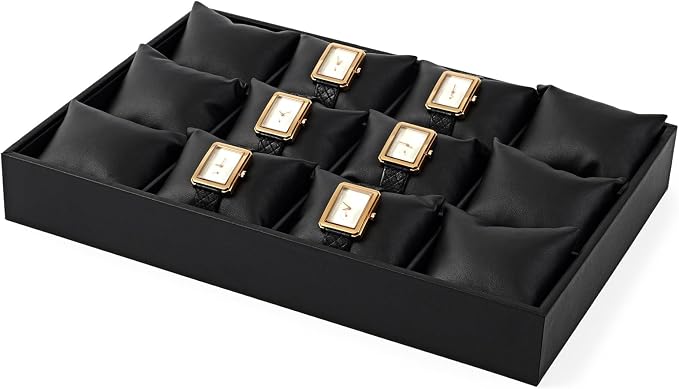 Oirlv Black Leather Watch Organizer Tray for Desktop Display | Smooth leather surface, 13.78×9.45×1.97in, large capacity, ideal for watch storage, desktop display & jewelry showcase