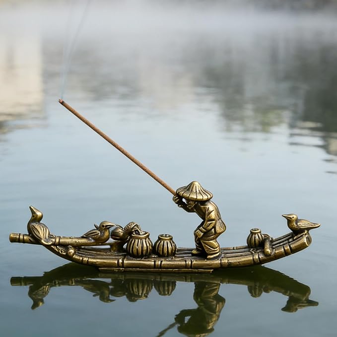 Vintage Solid Brass Bamboo Raft Fisherman Figurines, Incense Holder Zen Decor for Tea Table, Home Office Collectible Sculpture for Zen Enthusiasts Tea Lovers