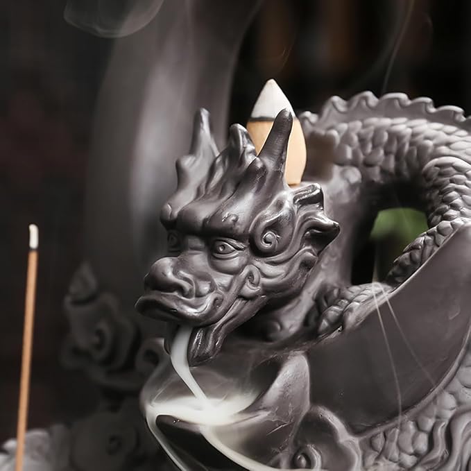 Moon Dragon Incense Burner - Ceramic Incense Waterfall Burner Dragon Smoke Fountain Incense Holder with Cones & Tweezer & Mat for Aromatherapy/Yoga/Home/Office Decor