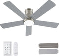 42 Inch Low Profile Ceiling Fan with Light, Burshed Nickel Ceiling Fans with Lights and Remote, Flush Mount, 6 Speeds Quiet DC, 3CCT Dimmable, Indoor Outdoor Ceiling Fans for Patios Bedroom