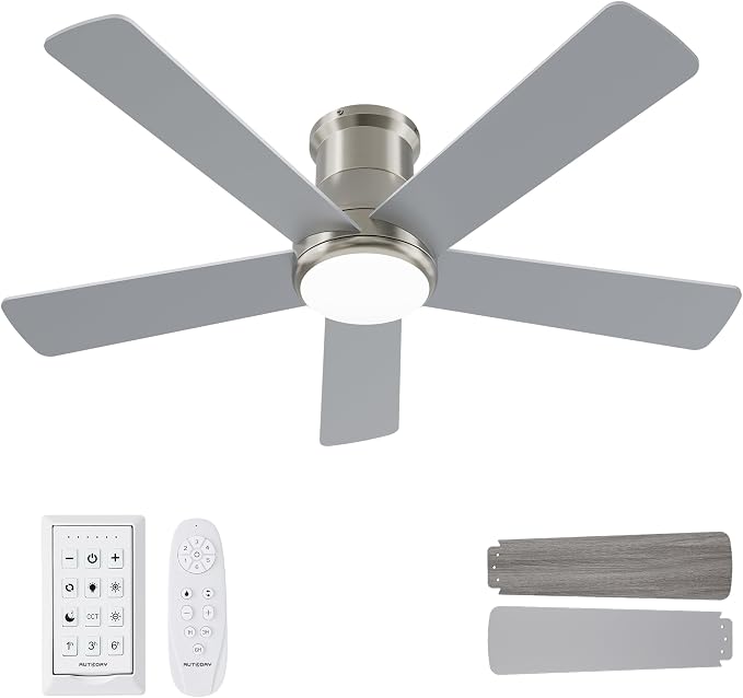 42 Inch Low Profile Ceiling Fan with Light, Burshed Nickel Ceiling Fans with Lights and Remote, Flush Mount, 6 Speeds Quiet DC, 3CCT Dimmable, Indoor Outdoor Ceiling Fans for Patios Bedroom