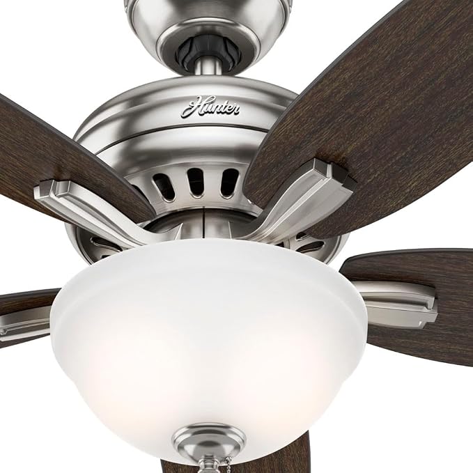 Hunter 52 inch Indoor Ceiling Fan with LED Light - Ceiling Fan with Pull Chain, For Bedroom or Living Room, Standard Mount, No Remote, 5 Blades, Includes Bulbs - Newsome 53312, Brushed Nickel