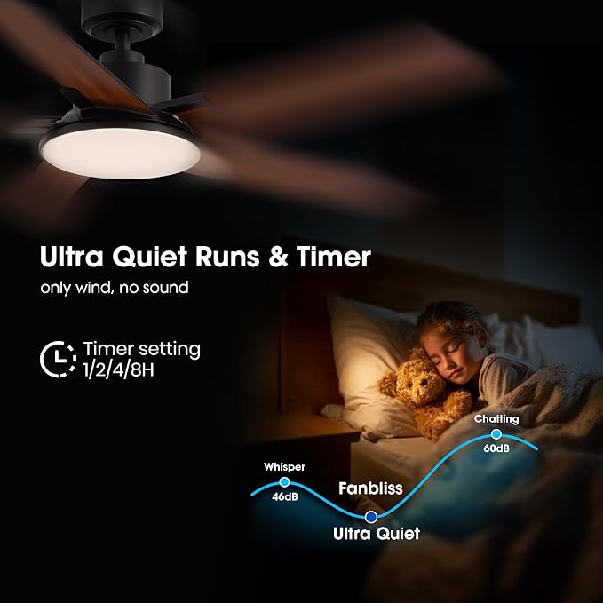 Ceiling Fans with Lights and Remote Control, 52 Inch Modern Ceiling Fan with 3CCT Dimmable LED, 6 Speeds, Quiet Reversible DC Motor, Timer, Black Ceiling Fan for Living Room, Kitchen, Outdoor Patio