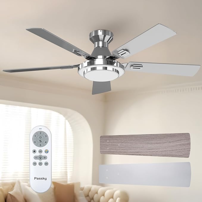 Passky Ceiling Fans with Lights, 52 inch Silver Flush Mount Ceiling Fan with Remote Control, Low Profile Ceiling Fan for Bedroom, Farmhouse, Reversible, 3CCT, Dimmable, Noiseless DC Motor, 2 Rings
