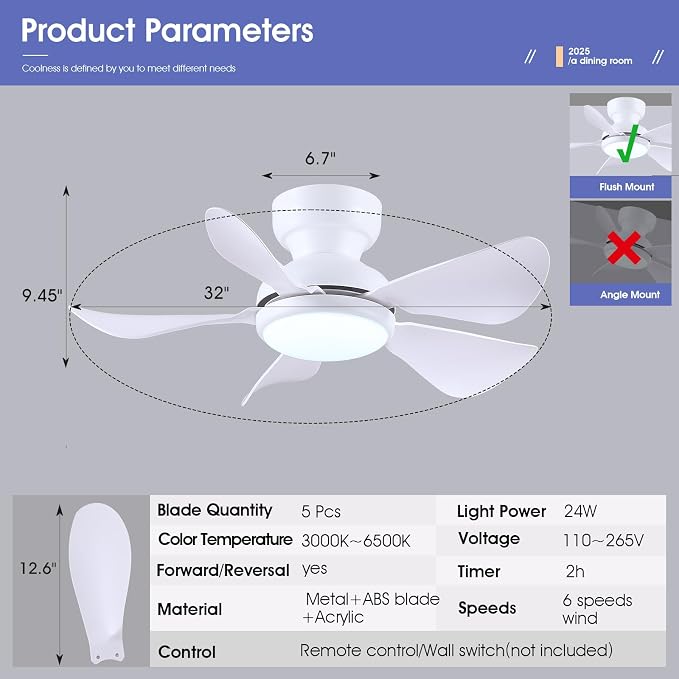 Kviflon 32 Inch Modern Ceiling Fans with Lights, Small Flush Mount Ceiling Fan with Light Remote Control, 5 Reversible 6 Speeds Curved Blades, 3 CCT Dimmable Lights for Bedroom Kids Room, White