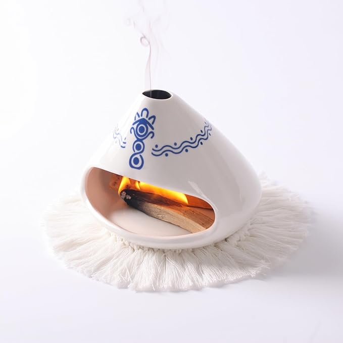 Ceramic Palo Santo Holder Burner,Incense Cone Holder,Mini Chiminea for Palo Santo Sticks and Sage Burner,with Handmade Heat Insulated Mat,Dust Brush,Metal Tweezer. (White and Blue)