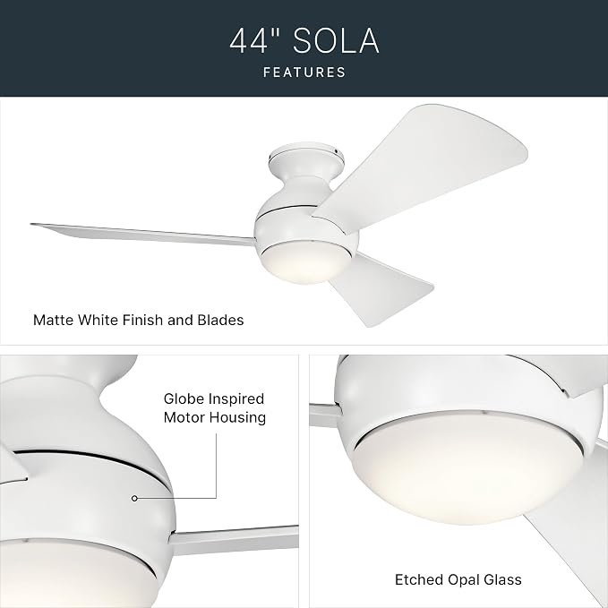 Kichler 330151MWH 44 Inch Sola Ceiling Fan LED, 3 Speed Wall Control Full Function, Matte White Finish with Matte White Blades