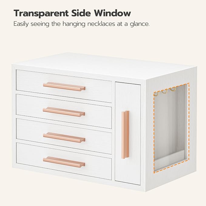 HOOBRO Jewelry Box for Women, Wooden Jewelry Organizer with Transparent Window, 4-Layer Jewelry Organizer Box, Jewelry Holder Organizer for Earrings, Necklaces, Rings, White and Gold WD09JB04
