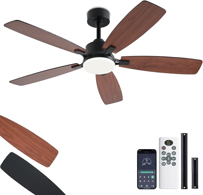 NKPU 52inch Ceiling Fans with Lights, Low Profile Ceiling Fan with Light and Remote/App Control, 2 Downrods, DC Reversible Motor, Noiseless, Dimmable Brown Ceiling Fan for Bedroom Livingroom