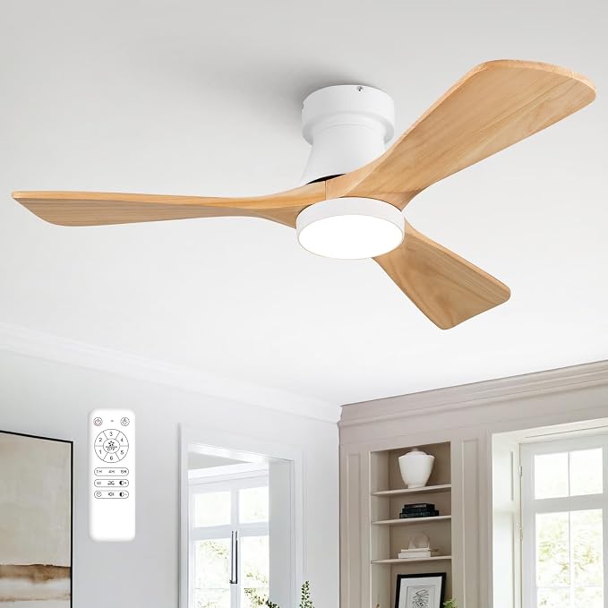 42 Inch Ceiling Fan with Lights, Remote Control, Flush Mount, Dimmable, Reversible, Solid Wood Blades, Power-Off Memory, Quiet DC Motor – Modern Hugger Ceiling Fan for Living Room, Bedroom