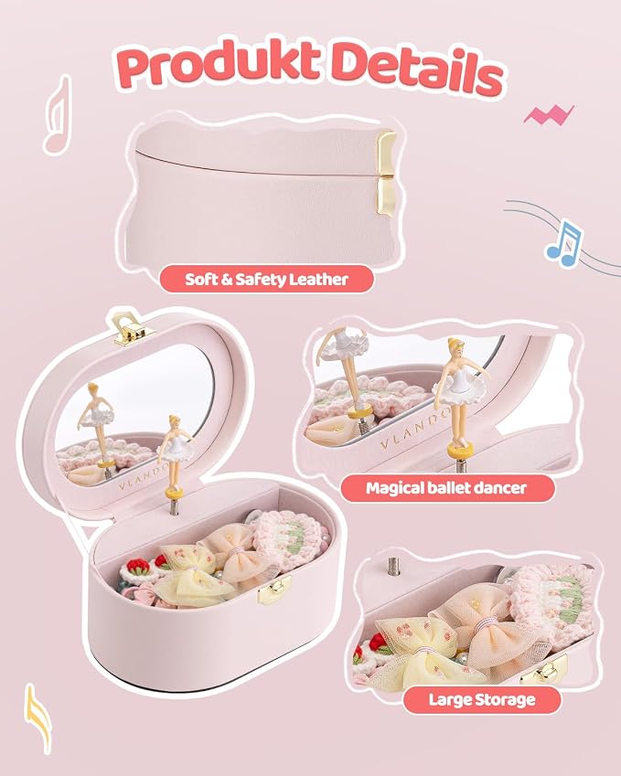 VLANDO Musical Jewelry Box for Girls - Kid Music Box with Ballerina for Birthday Bedroom Decor - Birthday Gift for Girls Ages 4 5 6 7 8-12 Year Old - Pink