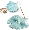 Ceramic Incense Holder,Incense Burner Tray for Sticks,Coil,Cone,Handcrafted Burner Ash Catcher for Yoga Meditation Energy Cleansing Room Décor (Celadon, Ginkgo Leaf & Gourd)