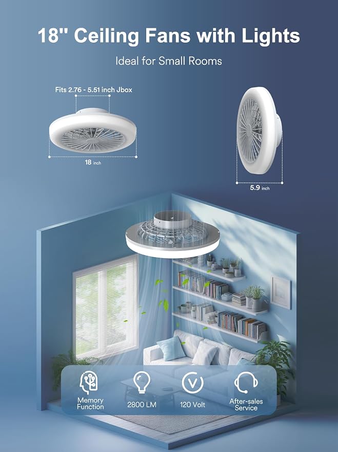 18 Inch Smart Bladeless Ceiling Fan with Lights | Low Profile Flush Mount Fandelier, RGBWW Dimmable LED Ceiling Fan, Remote & Bluetooth App Control, 6 Speeds