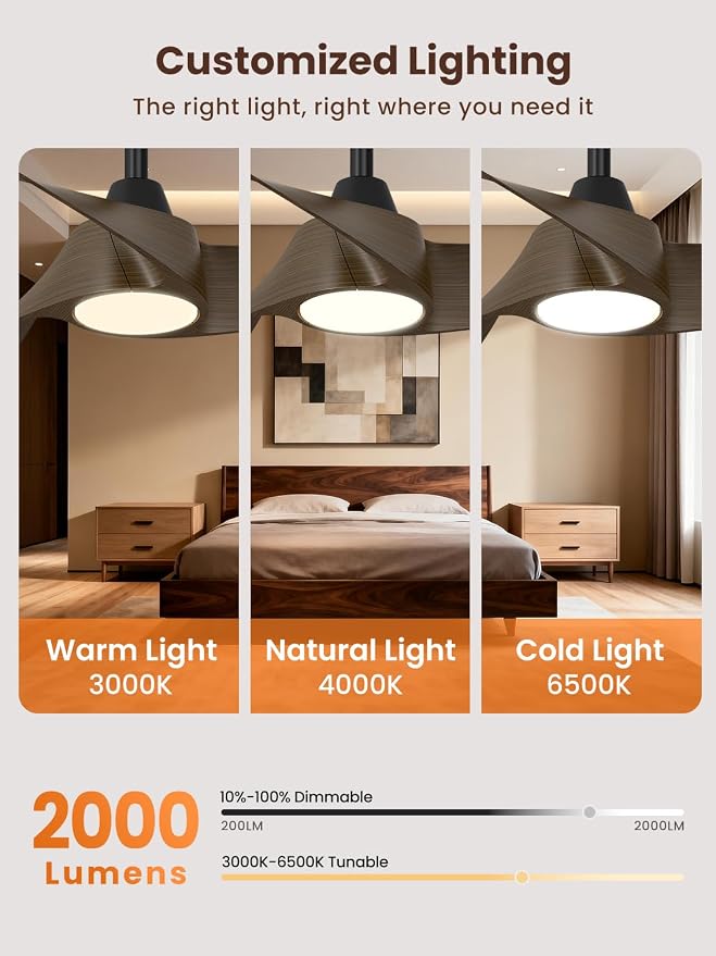 TALOYA 52 inch Modern Ceiling fan with Light, 3 Blades Ceiling Fans with Lights and remote, 3000K-6500K, Dimmable, Quiet, Outdoor Ceiling fan For Living Room, Bedroom, Patio, Farmhouse, light Walnut