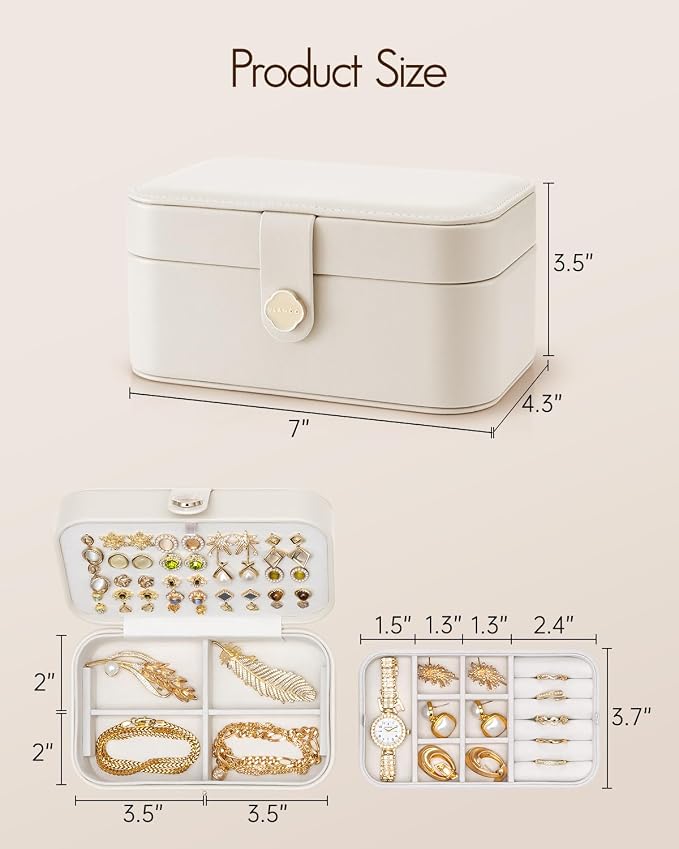 VLANDO Travel Jewelry Case, 2-Layer Jewelry Box, Portabel Travel Organizer for Necklaces, Earring, Bracelets, Ring, Watch - Large Capacity Travel Jewelry Storage - Cloud White