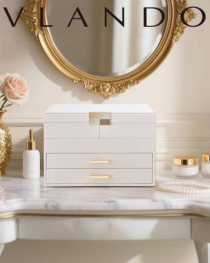VLANDO 4 Layers Jewelry Box - Women Jewelry Box with Retractable Tray - Jewelry Organizer with Drawer for Necklaces, Rings, Bracelets, Earrings, Valentines Gift for Mom Girls - Cloud White