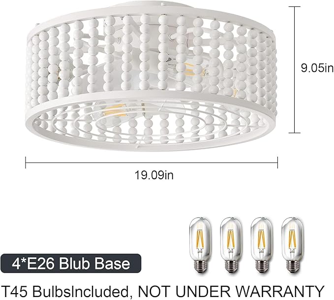Ceiling Fans with Lights and Remote - Bulbs Included | Tropical Caged Fandelier with Handcrafted Beaded Décor | Flush Mount Installation Fan Lighting Fixture | 19 inches | Off-White