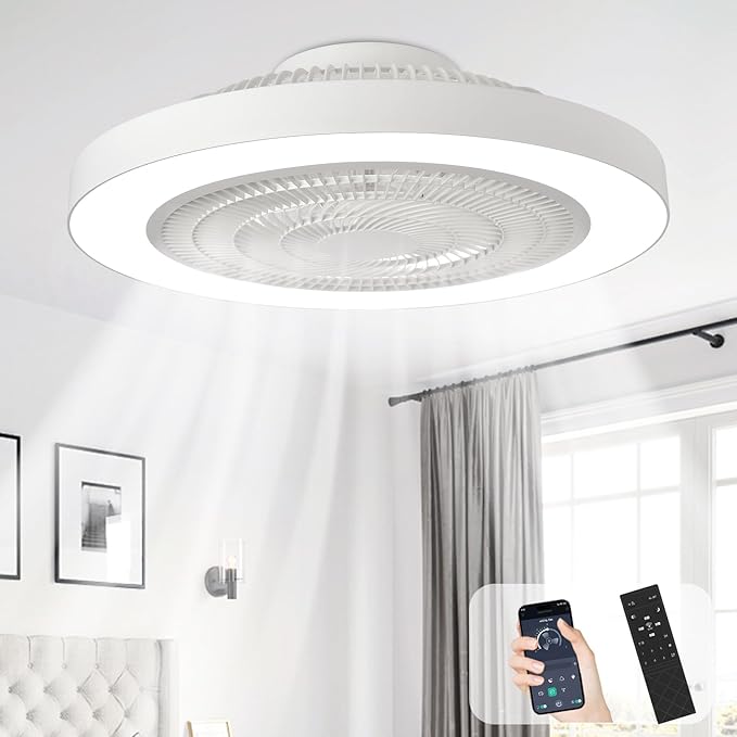 Depuley Modern Ceiling Fan with Light: 19" Bladeless Flush Mount Low Profile LED Ceiling Fans with Remote APP Control - White Enclosed Fandelier Dimmable Quiet for Bedroom Kids Room Apartment Loft
