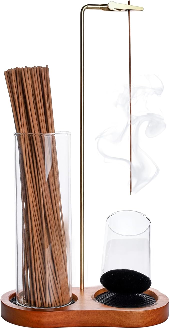 2 in 1 Incense Holder with Ash Catcher, Anti-Tip Secure Glass Cups with Hook & Loop Fasteners, 8-Shaped Wooden Base, Stable Vertical Burner for Meditation, Yoga & Home Decor (Brown)
