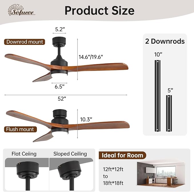 Sofucor 52" Solid Wood Ceiling Fan Lights, Flush Mount & Downrod Mount Ceiling Fan with Lights and Remote, Wood Blades Modern Outdoor Ceiling Fans for Bedroom/Farmhouse/Patio/Indoor