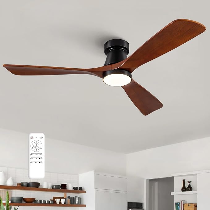 52 Inch Ceiling Fan with Lights, Remote Control, Flush Mount, Dimmable, Reversible, Wood Blades, Power-Off Memory, Quiet DC Motor, Modern Hugger Ceiling Fan for Living Room, Bedroom, Patio