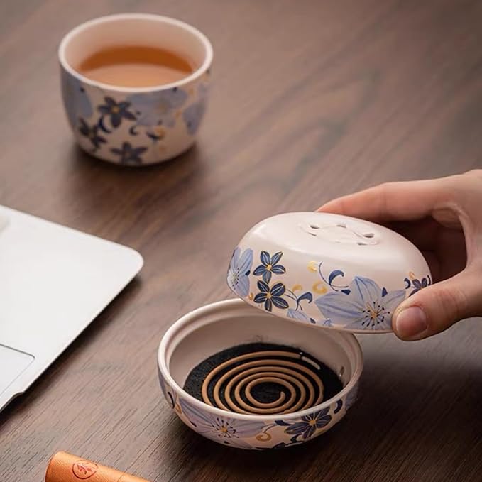 Blue Ceramic Incense Burner - Lily Flower Pattern insence Holder for Frankincense, Bakhoor, Charcoal, Stick, Powder, Cone, Coil, and Tower Incense