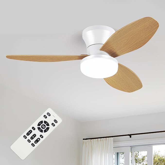 Small White&Wood Ceiling Fan with Light - 35 Inch Flush Mount Ceiling Fan with Lights and Remote, Low Profile Ceiling Fans with 3 Reversible Blades, 6 Speeds, Ceiling Fans for Bedroom Kitchen