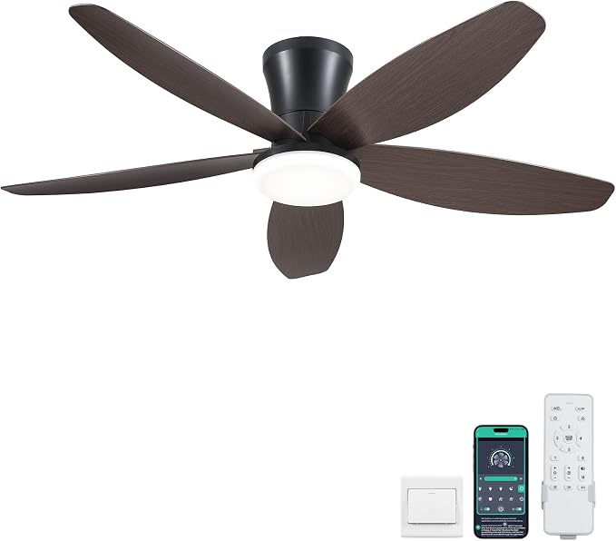Surtime Ceiling Fans with Lights-42 Low Profile Ceiling Fan with Light and Remote/APP Control,Flush Mount,DC Reversible,LED Dimmable Modern Ceiling Fans for Bedroom,Indoor/Outdoor Patio Use(Brown)
