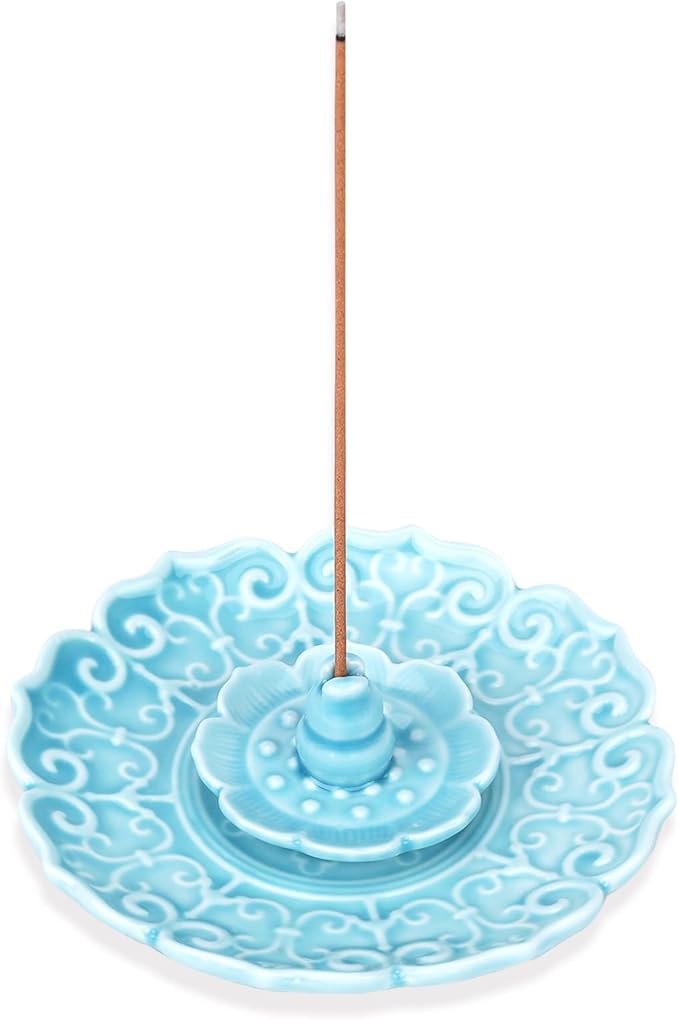 Incense Burner Lotus Incense Stick Holder Incense Holder for Sticks Ceramics Incense Burner Tray for Home Decor Yoga Meditation (Blue)