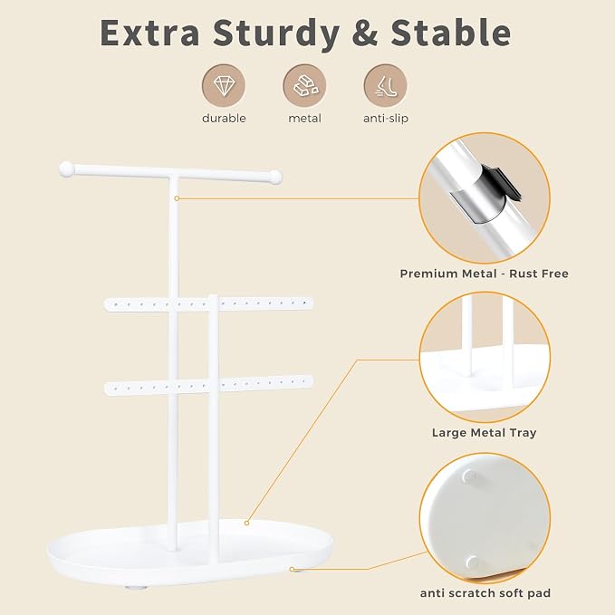 Saydear 3-Tier Jewelry Organizer Stand, Earring Holder Necklace Tree | White Metal Earring Rails With Top Necklace Bar, Oval Tray Base, Ideal Vanity Dresser Decor, Gift For Her