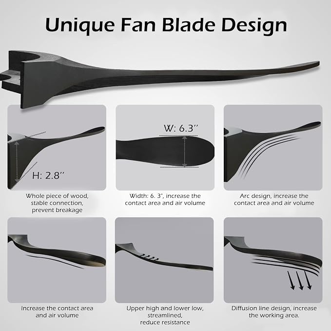 72 Inch Black Ceiling Fan No Light ，Wood Outdoor Ceiling Fans for Patios Living Room Gazebo Mid Century Modern Exterior Extra Large Waterproof Ceiling Fan without Light with Downrod