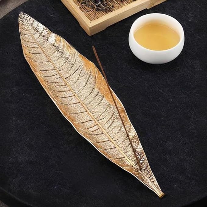 Zen Leaf Incense Burner with Ash Catcher - Compact Zinc Alloy Golden Tray for Meditation, Yoga & Home Decor, Portable Spiritual Aromatherapy Holder